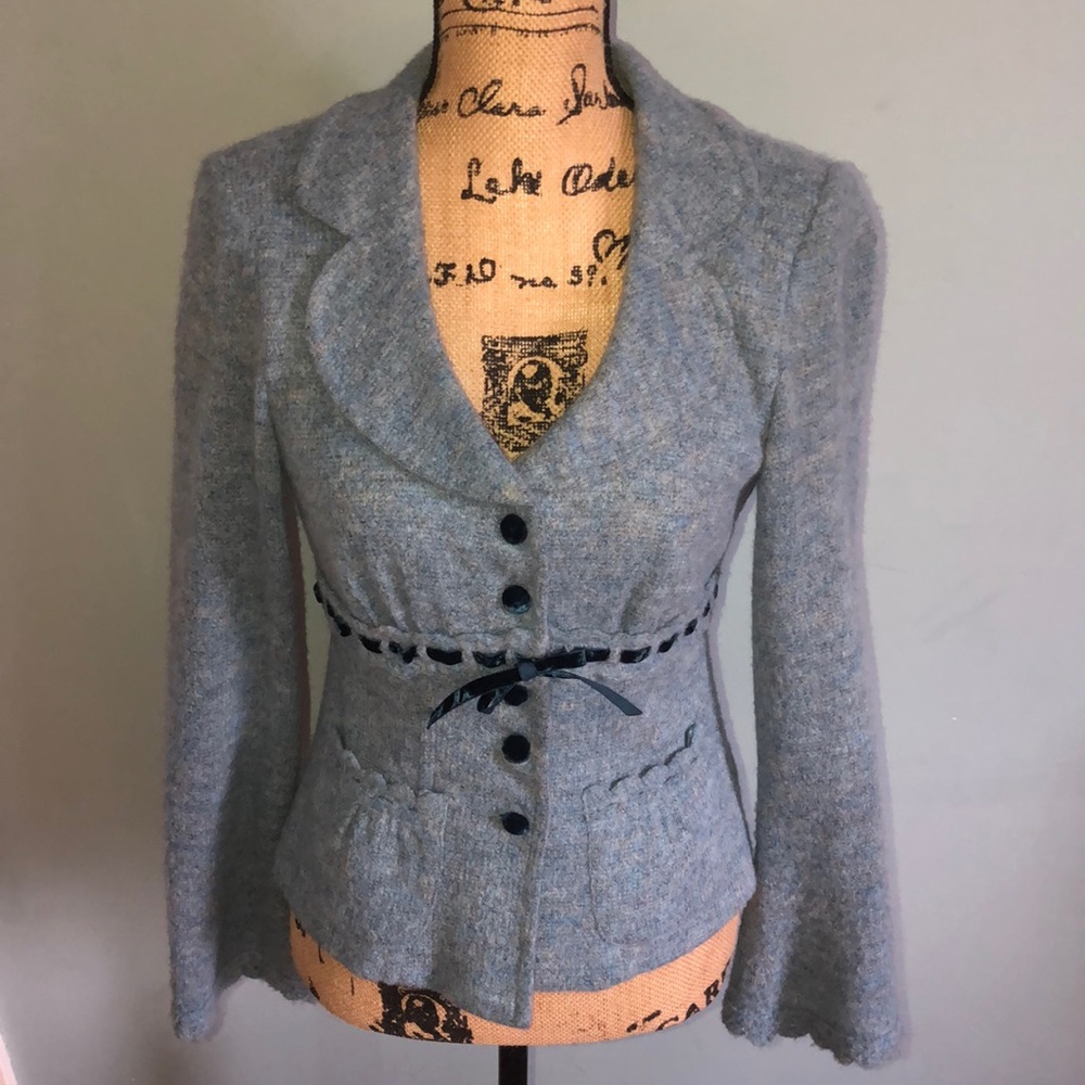 Blue sweater jacket with velvet tie & buttons